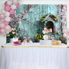 Lofaris Easter Spring Garden Backdrop, Blue Wood Wall and Pink Blossom Photography Background