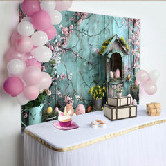 Lofaris Easter Spring Garden Backdrop, Blue Wood Wall and Pink Blossom Photography Background