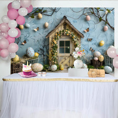 Lofaris Easter Garden Door Backdrop, Blue Textured Wall and Spring Eggs Photography Background