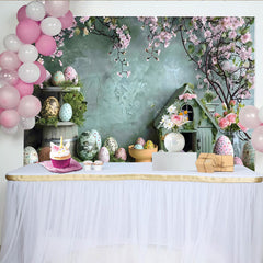 Lofaris Easter Blossom Birdhouse Backdrop, Teal Wall and Patterned Eggs Photography Background