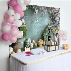 Lofaris Easter Blossom Birdhouse Backdrop, Teal Wall and Patterned Eggs Photography Background