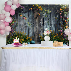 Lofaris Rustic Easter Wood Backdrop, Spring Floral and Colorful Eggs Photography Background