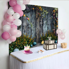 Lofaris Rustic Easter Wood Backdrop, Spring Floral and Colorful Eggs Photography Background