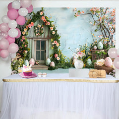 Lofaris Easter Rose House Backdrop, Blue Spring Garden and Patterned Eggs Photography Background