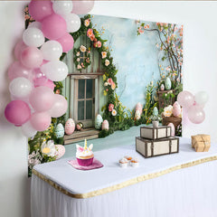 Lofaris Easter Rose House Backdrop, Blue Spring Garden and Patterned Eggs Photography Background