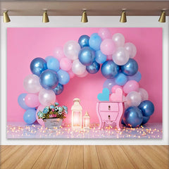 Lofaris Blue and Pink Balloon Arch Cake Smash Backdrop, Floral Lantern Table Girl Boy Birthday Party Background