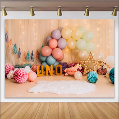 Lofaris Pastel Balloon Unicorn First Birthday Cake Smash Backdrop, UNO Sign Sheer Curtain Girl Party Background