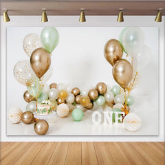 Lofaris Sage Green Gold Balloon First Birthday Cake Smash Backdrop, White ONE Letters Boy Girl Party Background