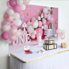 Lofaris Winter Pink Snowflake First Birthday Cake Smash Backdrop, White Trees ONE Sign Girl Party Background