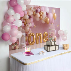 Lofaris Pink Gold Balloon First Birthday Cake Smash Backdrop, Floral Birdcage Butterfly ONE Girl Party Background