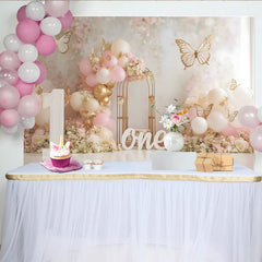 Lofaris Pink Floral Balloon First Birthday Cake Smash Backdrop, Gold Butterfly Wooden ONE Girl Party Background