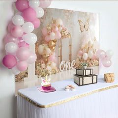 Lofaris Pink Floral Balloon First Birthday Cake Smash Backdrop, Gold Butterfly Wooden ONE Girl Party Background