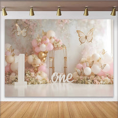 Lofaris Pink Floral Balloon First Birthday Cake Smash Backdrop, Gold Butterfly Wooden ONE Girl Party Background