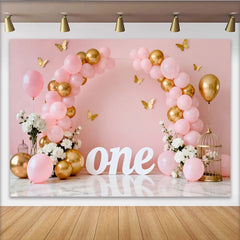 Lofaris Pink Gold Balloon First Birthday Cake Smash Backdrop, White ONE Sign Butterfly Floral Girl Party Background