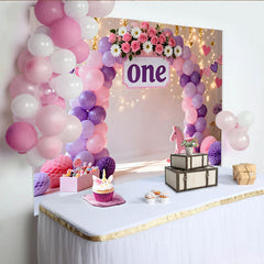 Lofaris Purple Pink Balloon First Birthday Cake Smash Backdrop, Floral ONE Sign Rocking Horse Girl Party Background