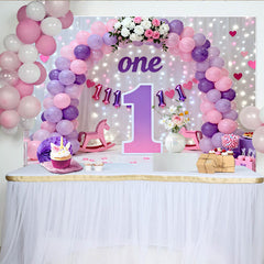 Lofaris Purple Pink Balloon First Birthday Cake Smash Backdrop, Large 1 Sign Fairy Light Girl Party Background