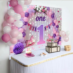Lofaris Purple Pink Balloon First Birthday Cake Smash Backdrop, Large 1 Sign Fairy Light Girl Party Background