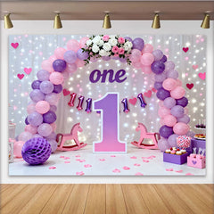 Lofaris Purple Pink Balloon First Birthday Cake Smash Backdrop, Large 1 Sign Fairy Light Girl Party Background