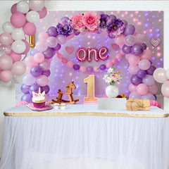 Lofaris Pink Purple Balloon First Birthday Cake Smash Backdrop, Floral ONE Foil Letters Girl Party Background