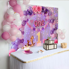 Lofaris Pink Purple Balloon First Birthday Cake Smash Backdrop, Floral ONE Foil Letters Girl Party Background