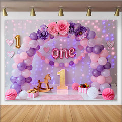 Lofaris Pink Purple Balloon First Birthday Cake Smash Backdrop, Floral ONE Foil Letters Girl Party Background
