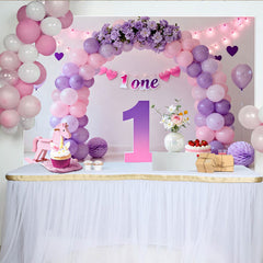 Lofaris Purple Pink Balloon First Birthday Cake Smash Backdrop, Floral 1 ONE Banner Girl Party Background, Prop