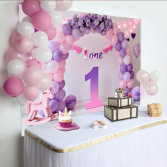 Lofaris Purple Pink Balloon First Birthday Cake Smash Backdrop, Floral 1 ONE Banner Girl Party Background, Prop