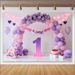 Lofaris Purple Pink Balloon First Birthday Cake Smash Backdrop, Floral 1 ONE Banner Girl Party Background, Prop