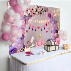 Lofaris Pink Purple Balloon First Birthday Cake Smash Backdrop, Floral ONE Sign Fairy Light Girl Party Background