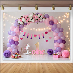 Lofaris Pink Purple Balloon First Birthday Cake Smash Backdrop, Floral ONE Sign Fairy Light Girl Party Background