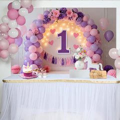 Lofaris Purple Pink Balloon First Birthday Cake Smash Backdrop, Illuminated 1 Sign Heart Tassel Girl Party Background