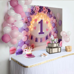 Lofaris Purple Pink Balloon First Birthday Cake Smash Backdrop, Illuminated 1 Sign Heart Tassel Girl Party Background
