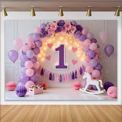 Lofaris Purple Pink Balloon First Birthday Cake Smash Backdrop, Illuminated 1 Sign Heart Tassel Girl Party Background