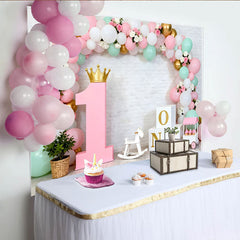 Lofaris Pastel Green Balloon First Birthday Backdrop, Gold Crown Pink 1 Sign Girl Party Background