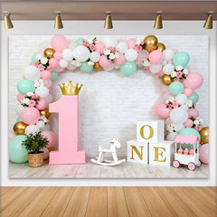 Lofaris Pastel Green Balloon First Birthday Backdrop, Gold Crown Pink 1 Sign Girl Party Background