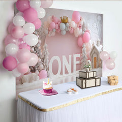 Lofaris Winter Pink Balloon First Birthday Backdrop, Gold Crown ONE Sign Snowy Tree Girl Background