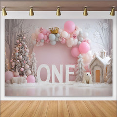 Lofaris Winter Pink Balloon First Birthday Backdrop, Gold Crown ONE Sign Snowy Tree Girl Background