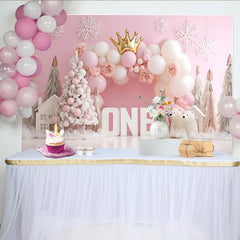 Lofaris Pink Winter Snowflake First Birthday Backdrop, Gold Crown ONE Sign Polar Bear Girl Background