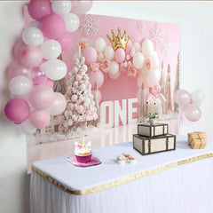 Lofaris Pink Winter Snowflake First Birthday Backdrop, Gold Crown ONE Sign Polar Bear Girl Background