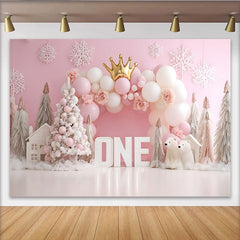 Lofaris Pink Winter Snowflake First Birthday Backdrop, Gold Crown ONE Sign Polar Bear Girl Background