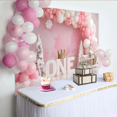 Lofaris Winter Wonderland First Birthday Backdrop, Pink Balloon ONE Sign Crown Girl Party Background