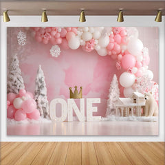 Lofaris Winter Wonderland First Birthday Backdrop, Pink Balloon ONE Sign Crown Girl Party Background