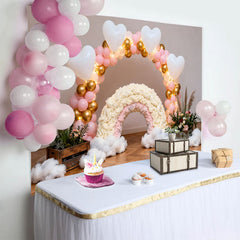 Lofaris Pink and Gold Balloon Arch Rainbow Backdrop, Heart Clouds Wood Floor Photography Background for Birthday