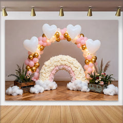 Lofaris Pink and Gold Balloon Arch Rainbow Backdrop, Heart Clouds Wood Floor Photography Background for Birthday