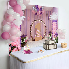Lofaris Purple Pink Floral First Birthday Backdrop, Lighted Hoop Number One Photography Background for Cake Smash