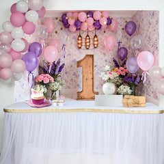 Lofaris Pink Purple Balloon First Birthday Backdrop, Floral Wallpaper Wooden Number One Photography Background
