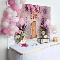 Lofaris Pink Purple Balloon First Birthday Backdrop, Floral Wallpaper Wooden Number One Photography Background