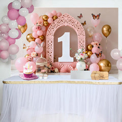 Lofaris Pink Floral Balloon Arch First Birthday Backdrop, White Number One Butterfly Photography Background for Girl