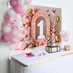 Lofaris Pink Floral Balloon Arch First Birthday Backdrop, White Number One Butterfly Photography Background for Girl