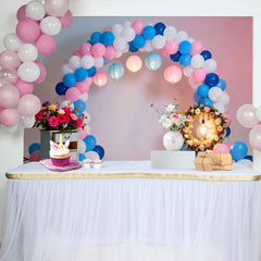 Lofaris Pink and Blue Balloon Arch Birthday Cake Smash Backdrop, Floral Wreath and Lanterns Party Background